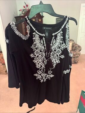 INC International Concepts Black Tunic Top with White Embroidery